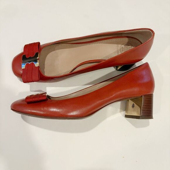 Tory Burch Bow Leather Pump Brown Size 7.5 2” Block Heel Quiet Luxury Classic - Picture 2 of 10